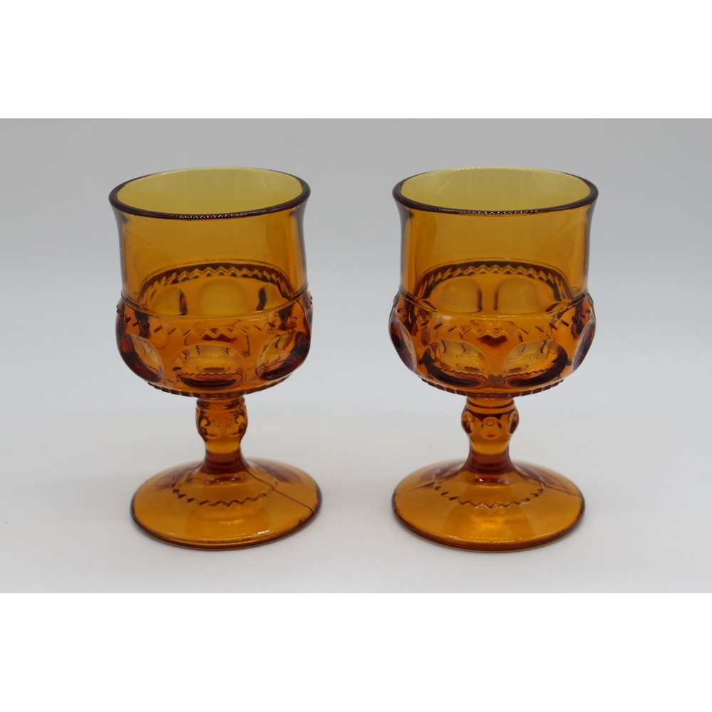 Set of 2 Vtg MCM Indiana Glass Kings Crown Amber Glass Thumbprint Cordial Glass